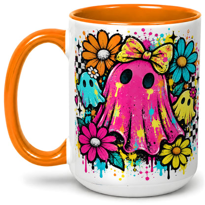 #pl[15oz|Orange] Colorful Ghost Floral Ceramic Mug, Bright Halloween Paint Artwork