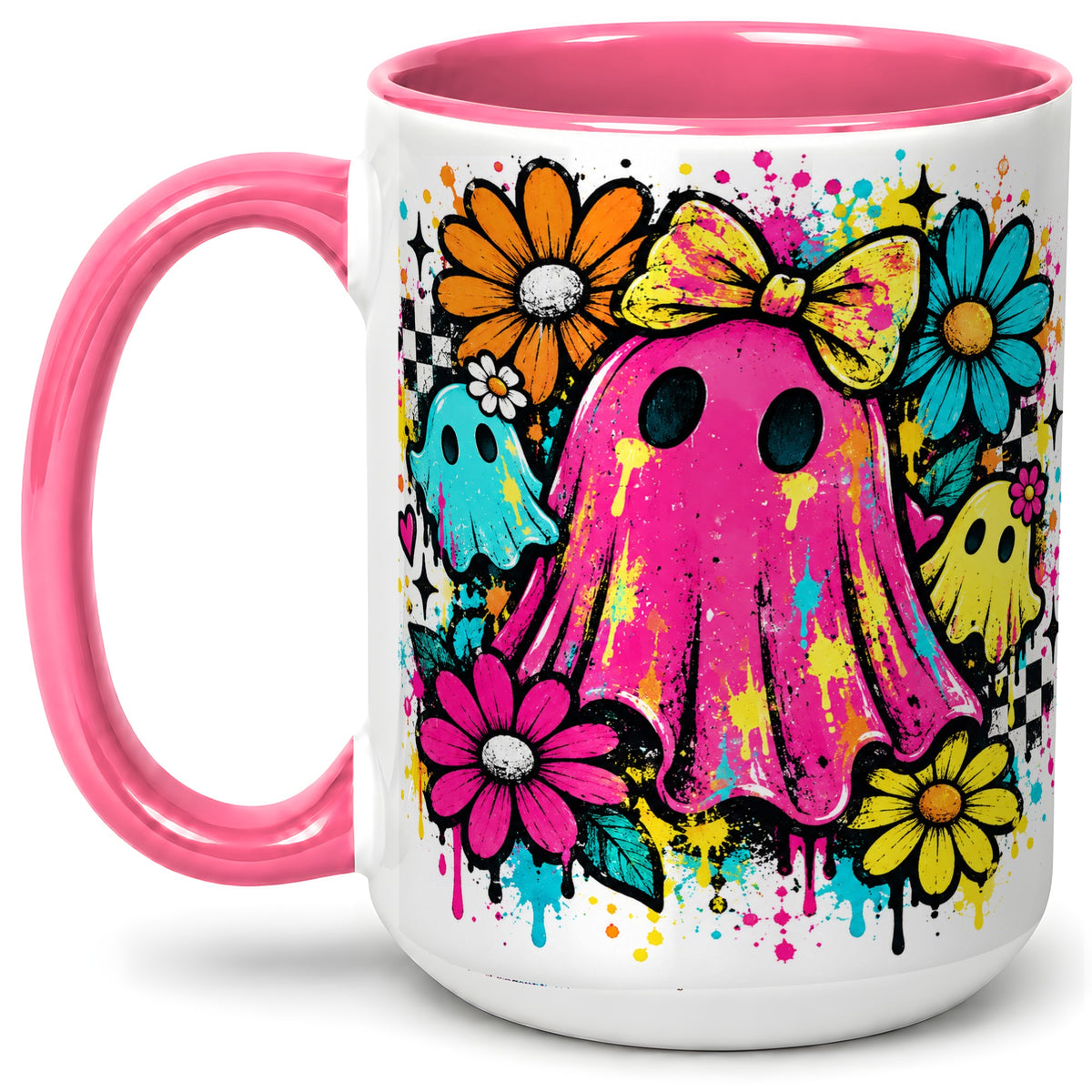 #pl[15oz|Pink] Colorful Ghost Floral Ceramic Mug, Bright Halloween Paint Artwork