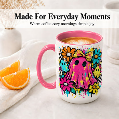 #pl[15oz|Pink] Colorful Ghost Floral Ceramic Mug, Bright Halloween Paint Artwork