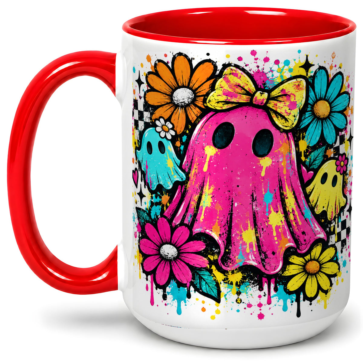 #pl[15oz|Red] Colorful Ghost Floral Ceramic Mug, Bright Halloween Paint Artwork