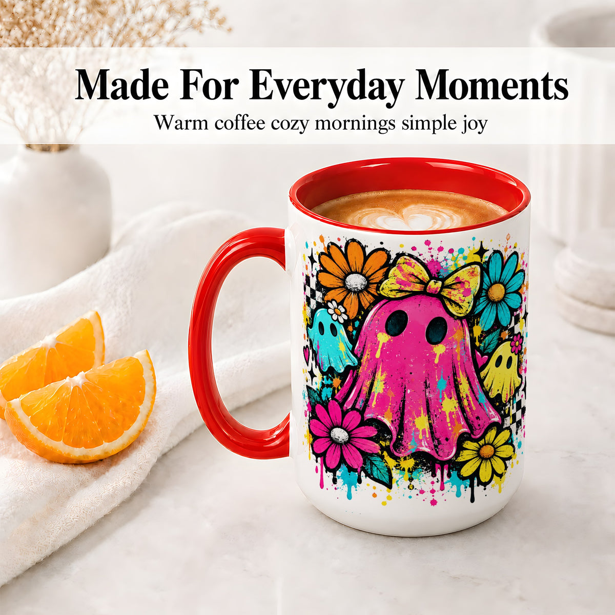 #pl[15oz|Red] Colorful Ghost Floral Ceramic Mug, Bright Halloween Paint Artwork