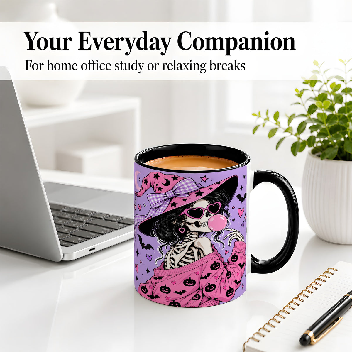 #pl[11oz|Black] Pink Witch Skeleton Ceramic Mug, Halloween Bubblegum Artwork