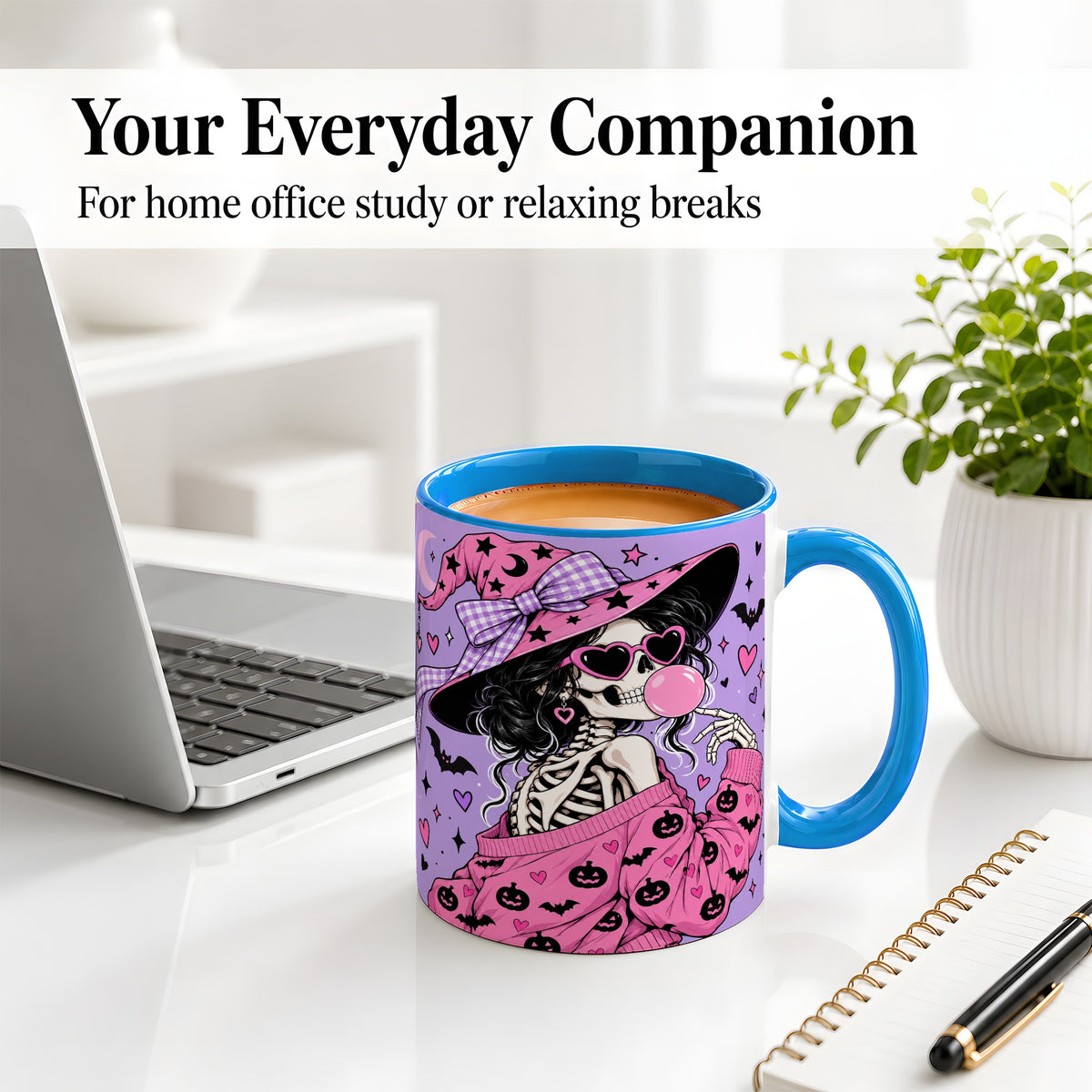 #pl[11oz|Blue] Pink Witch Skeleton Ceramic Mug, Halloween Bubblegum Artwork