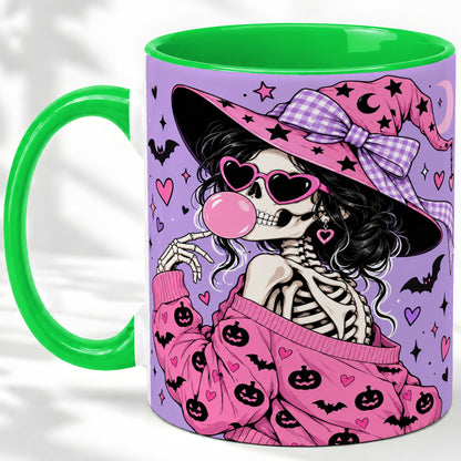 #pl[11oz|Green] Pink Witch Skeleton Ceramic Mug, Halloween Bubblegum Artwork