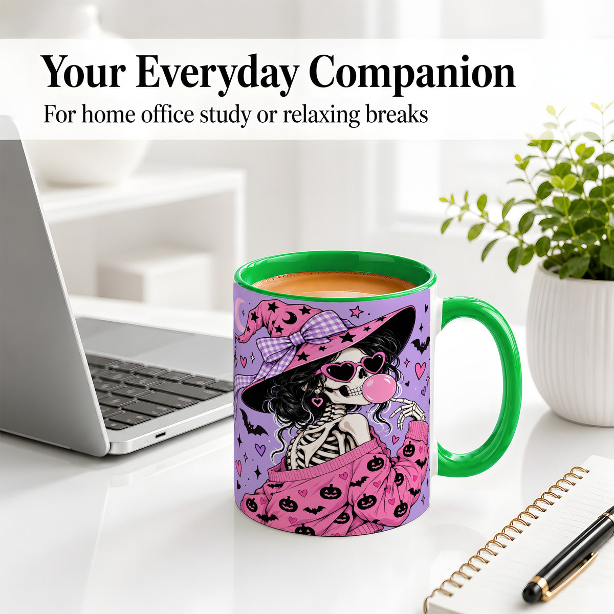 #pl[11oz|Green] Pink Witch Skeleton Ceramic Mug, Halloween Bubblegum Artwork