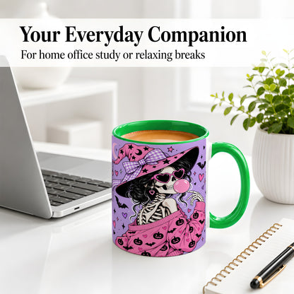 #pl[11oz|Green] Pink Witch Skeleton Ceramic Mug, Halloween Bubblegum Artwork