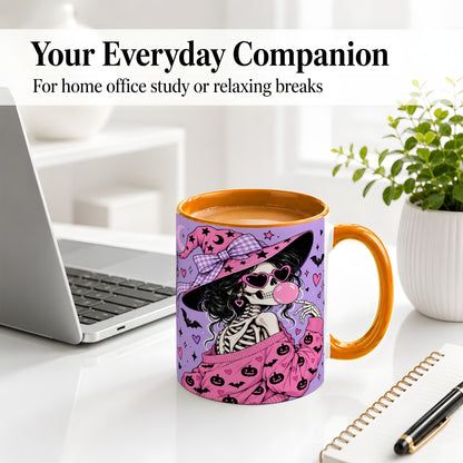 #pl[11oz|Orange] Pink Witch Skeleton Ceramic Mug, Halloween Bubblegum Artwork