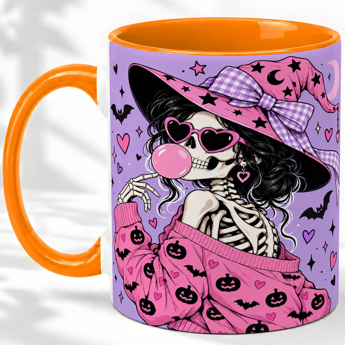 #pl[11oz|Orange] Pink Witch Skeleton Ceramic Mug, Halloween Bubblegum Artwork