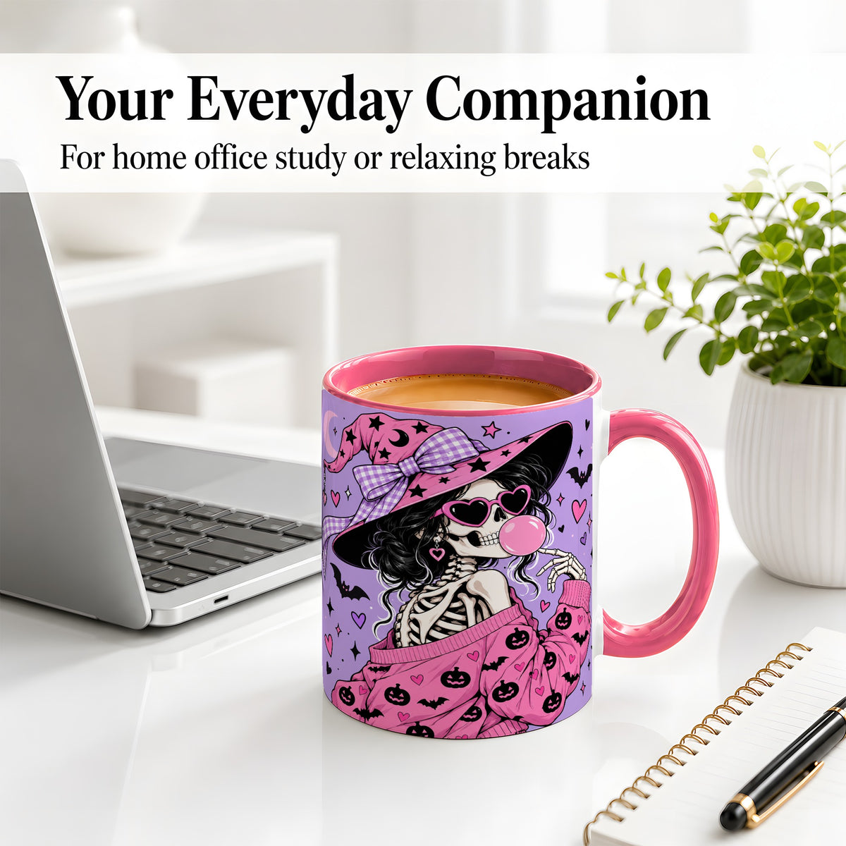 #pl[11oz|Pink] Pink Witch Skeleton Ceramic Mug, Halloween Bubblegum Artwork
