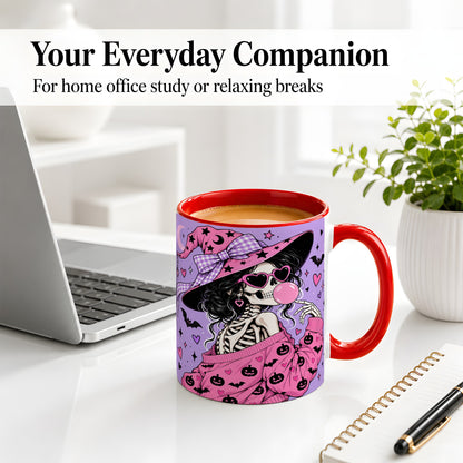 #pl[11oz|Red] Pink Witch Skeleton Ceramic Mug, Halloween Bubblegum Artwork