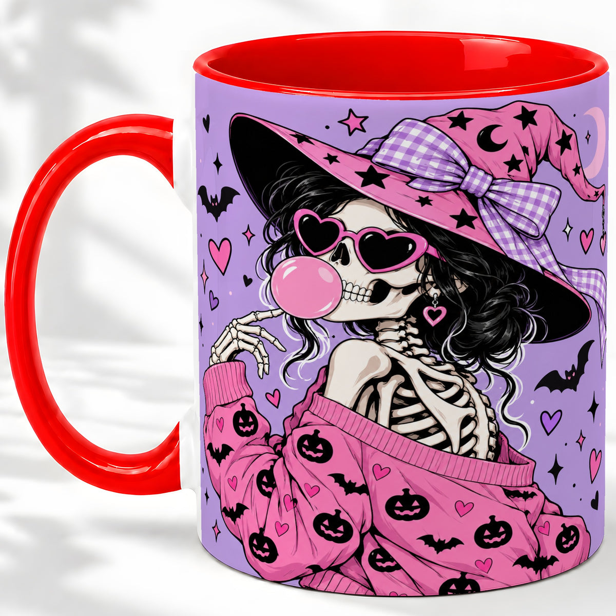 Pink Witch Skeleton Ceramic Mug, Halloween Bubblegum Artwork