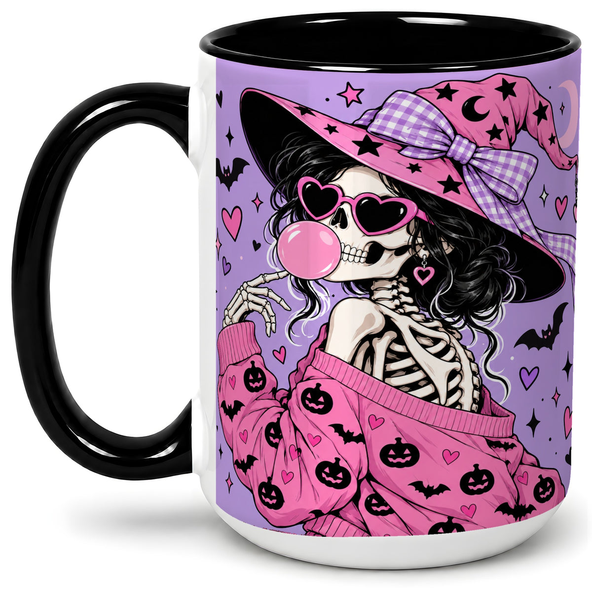 #pl[15oz|Black] Pink Witch Skeleton Ceramic Mug, Halloween Bubblegum Artwork