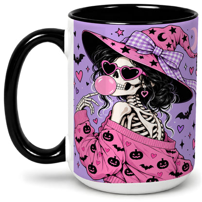 #pl[15oz|Black] Pink Witch Skeleton Ceramic Mug, Halloween Bubblegum Artwork