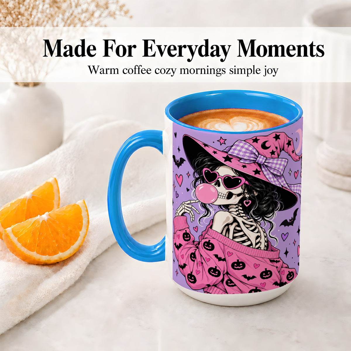#pl[15oz|Blue] Pink Witch Skeleton Ceramic Mug, Halloween Bubblegum Artwork