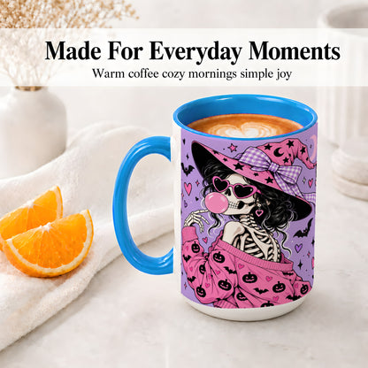 #pl[15oz|Blue] Pink Witch Skeleton Ceramic Mug, Halloween Bubblegum Artwork