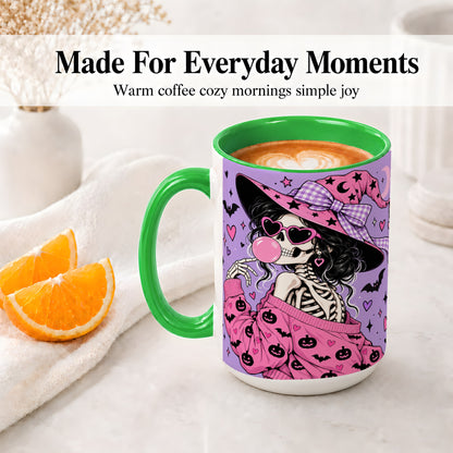 #pl[15oz|Green] Pink Witch Skeleton Ceramic Mug, Halloween Bubblegum Artwork