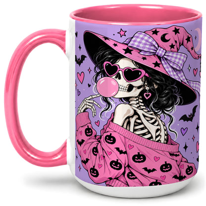 #pl[15oz|Pink] Pink Witch Skeleton Ceramic Mug, Halloween Bubblegum Artwork