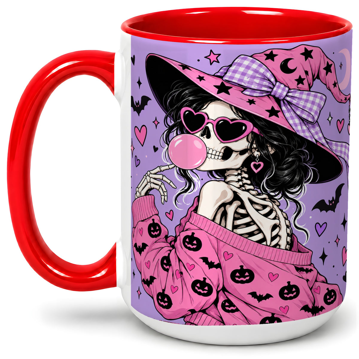 #pl[15oz|Red] Pink Witch Skeleton Ceramic Mug, Halloween Bubblegum Artwork