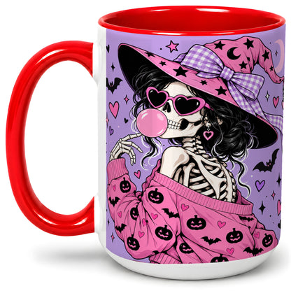 #pl[15oz|Red] Pink Witch Skeleton Ceramic Mug, Halloween Bubblegum Artwork