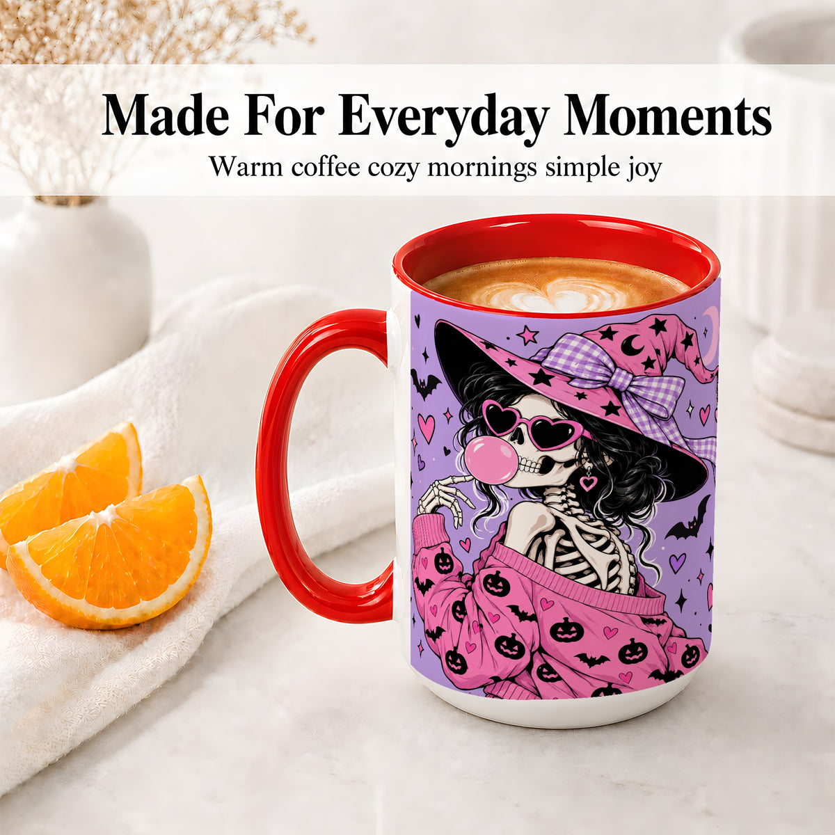 #pl[15oz|Red] Pink Witch Skeleton Ceramic Mug, Halloween Bubblegum Artwork