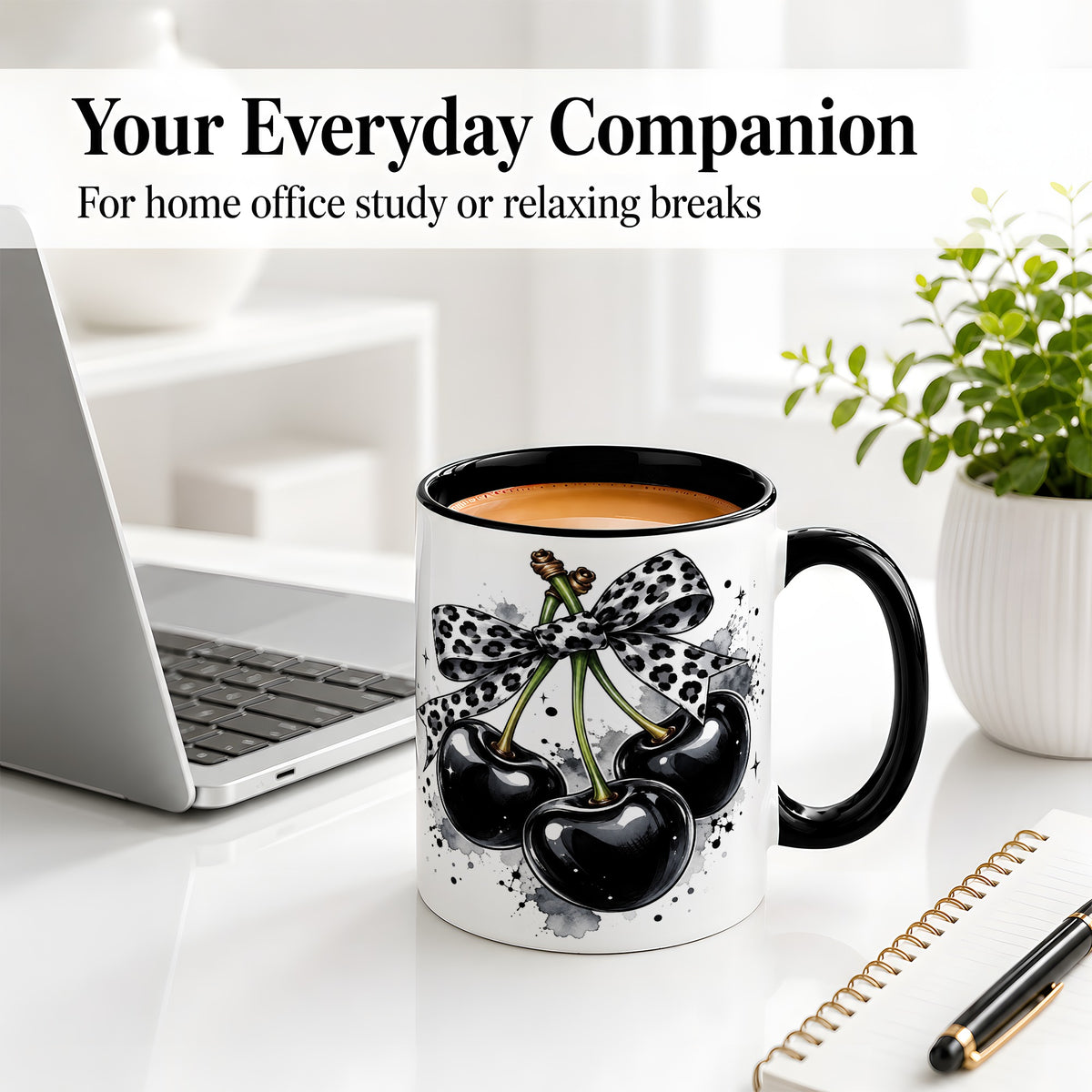 #pl[11oz|Black] Black Cherry Bow Ceramic Mug, Leopard Ribbon Ink Splash Artwork