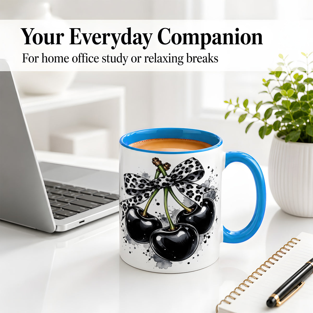 #pl[11oz|Blue] Black Cherry Bow Ceramic Mug, Leopard Ribbon Ink Splash Artwork