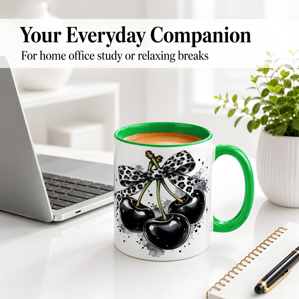 #pl[11oz|Green] Black Cherry Bow Ceramic Mug, Leopard Ribbon Ink Splash Artwork