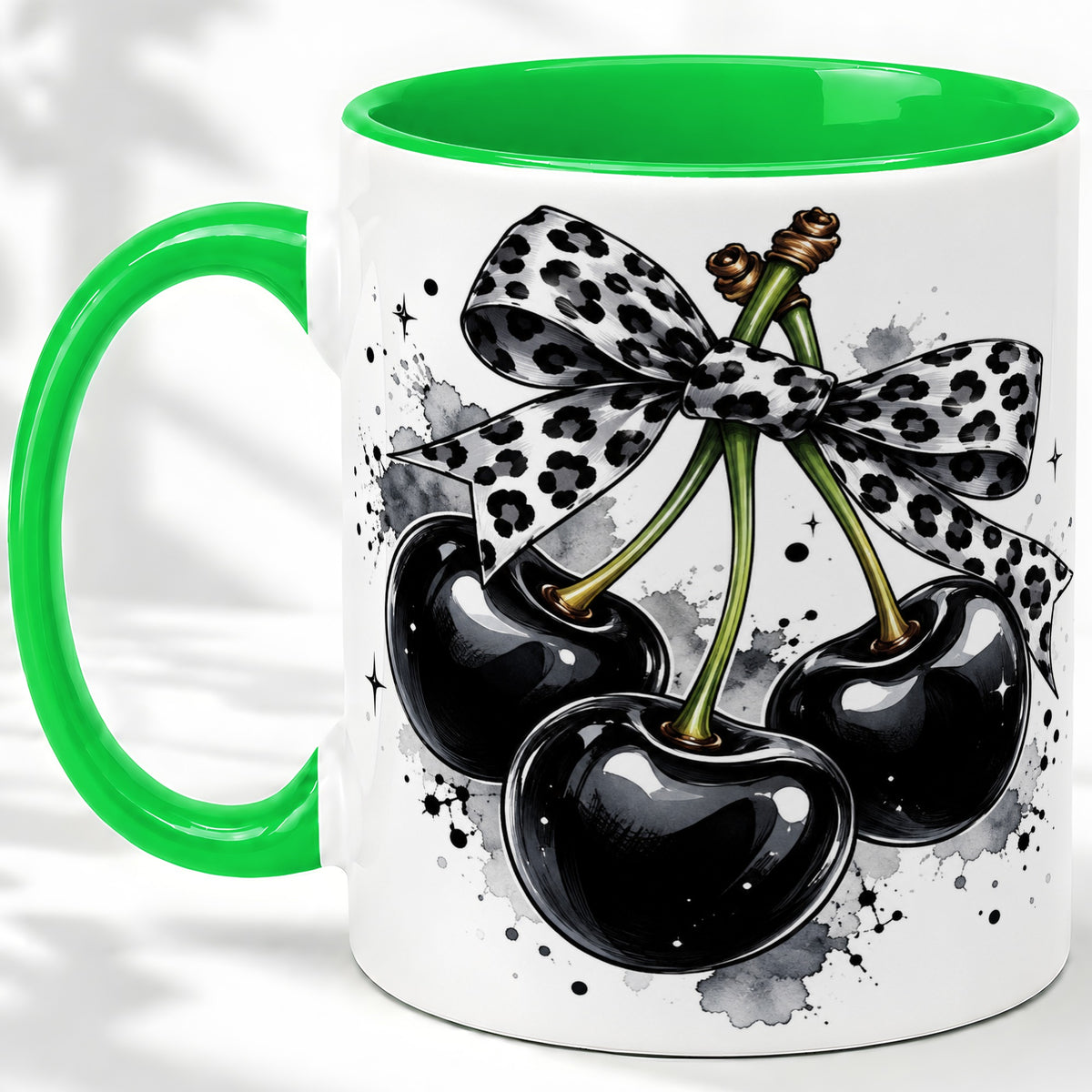 #pl[11oz|Green] Black Cherry Bow Ceramic Mug, Leopard Ribbon Ink Splash Artwork