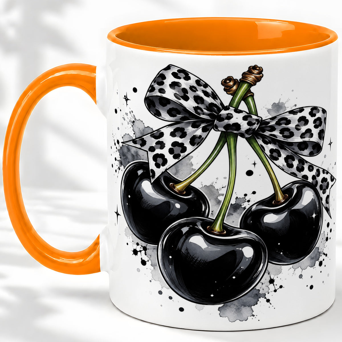 #pl[11oz|Orange] Black Cherry Bow Ceramic Mug, Leopard Ribbon Ink Splash Artwork