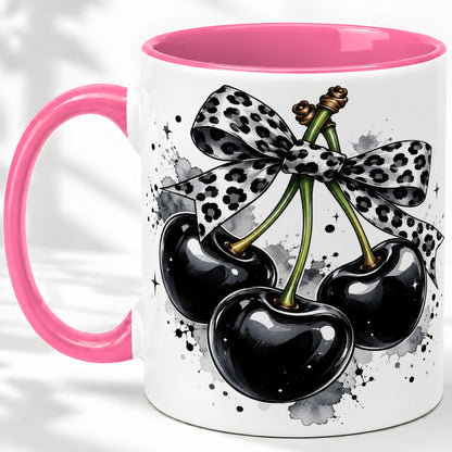 #pl[11oz|Pink] Black Cherry Bow Ceramic Mug, Leopard Ribbon Ink Splash Artwork