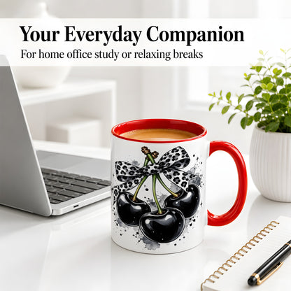 #pl[11oz|Red] Black Cherry Bow Ceramic Mug, Leopard Ribbon Ink Splash Artwork