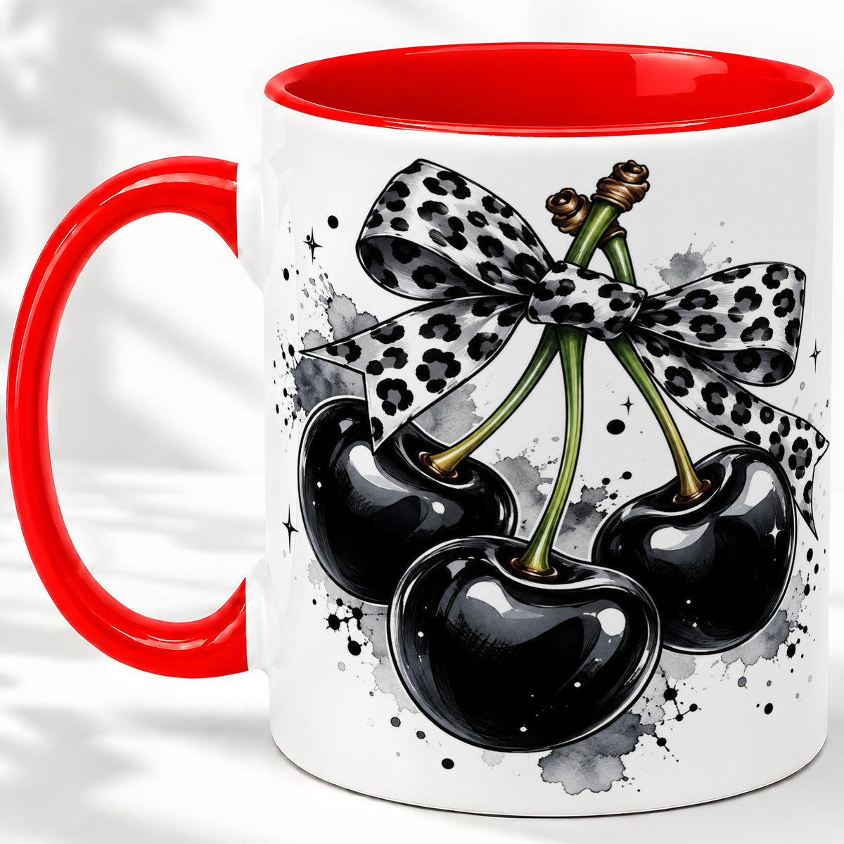 Black Cherry Bow Ceramic Mug, Leopard Ribbon Ink Splash Artwork