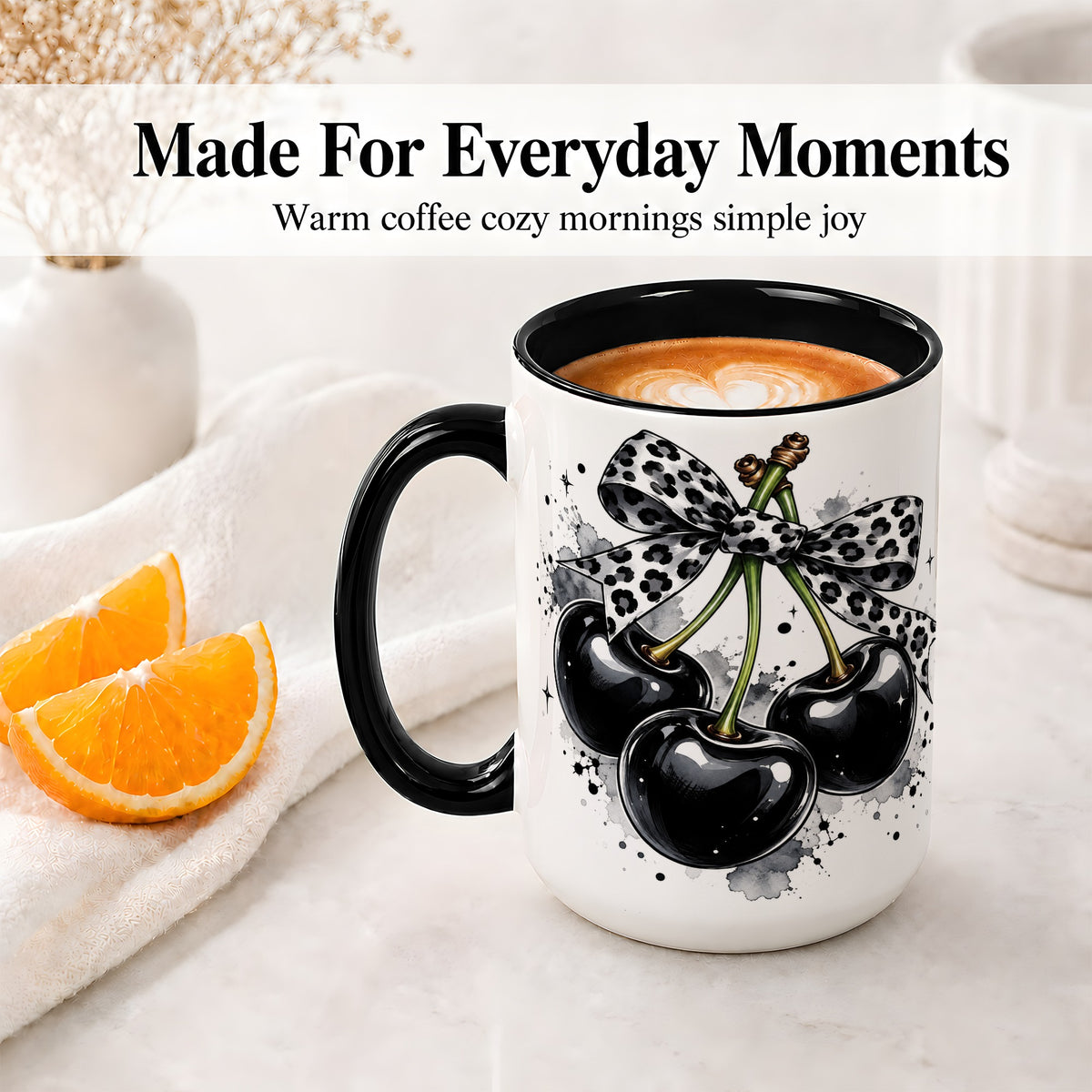 #pl[15oz|Black] Black Cherry Bow Ceramic Mug, Leopard Ribbon Ink Splash Artwork