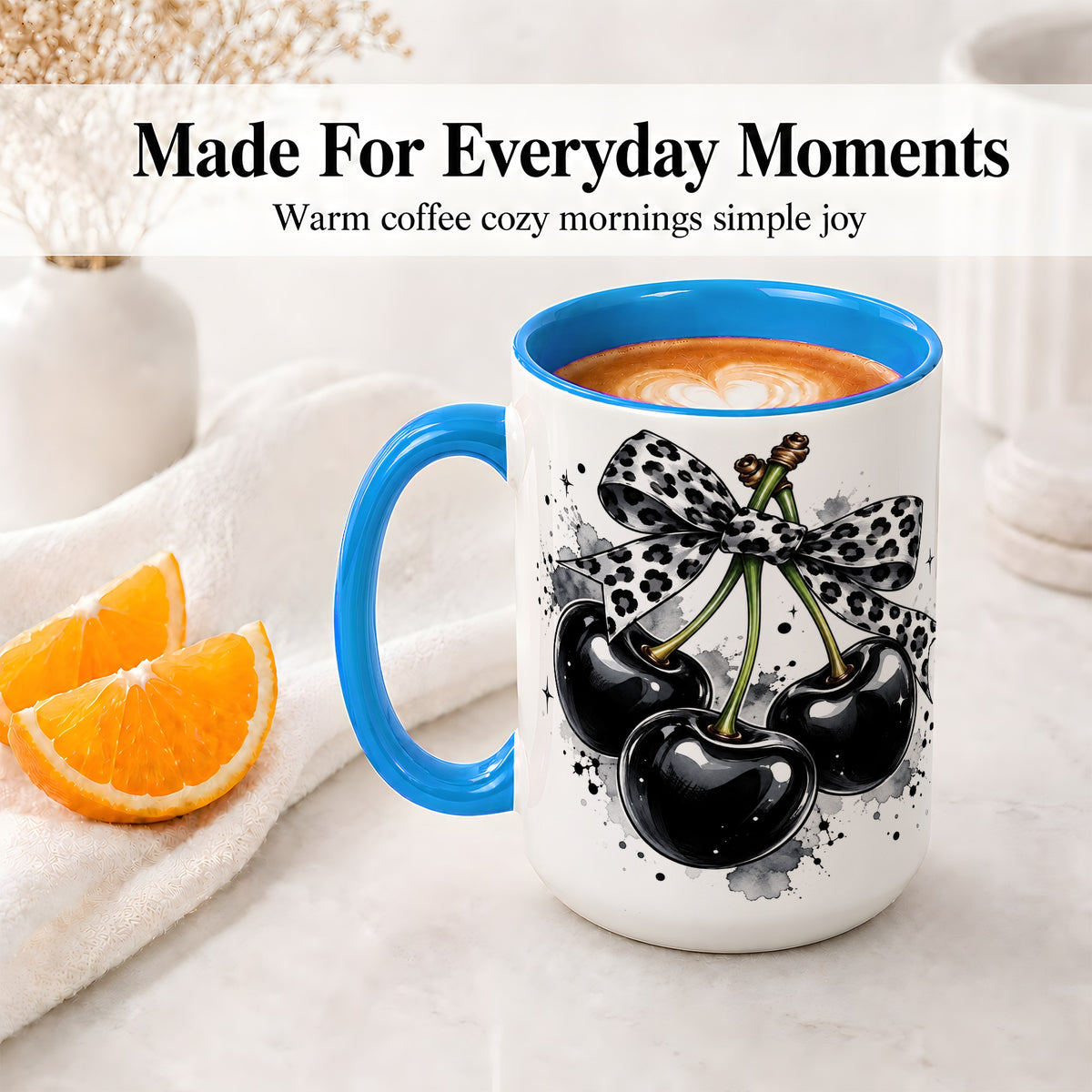 #pl[15oz|Blue] Black Cherry Bow Ceramic Mug, Leopard Ribbon Ink Splash Artwork