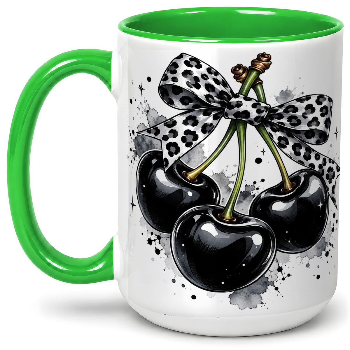 #pl[15oz|Green] Black Cherry Bow Ceramic Mug, Leopard Ribbon Ink Splash Artwork