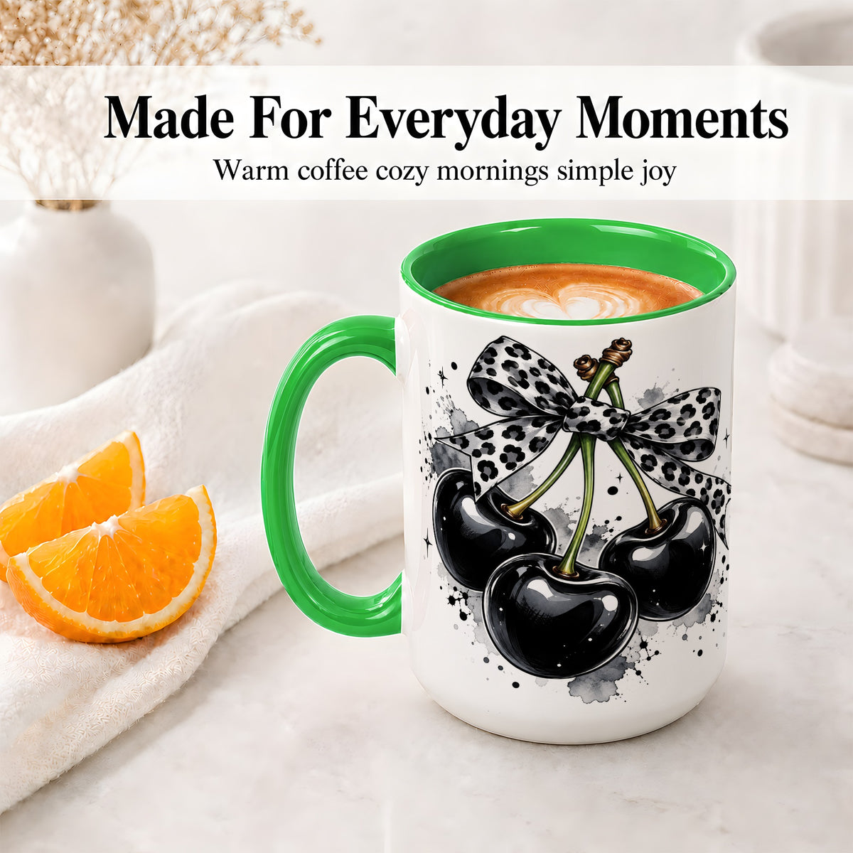 #pl[15oz|Green] Black Cherry Bow Ceramic Mug, Leopard Ribbon Ink Splash Artwork