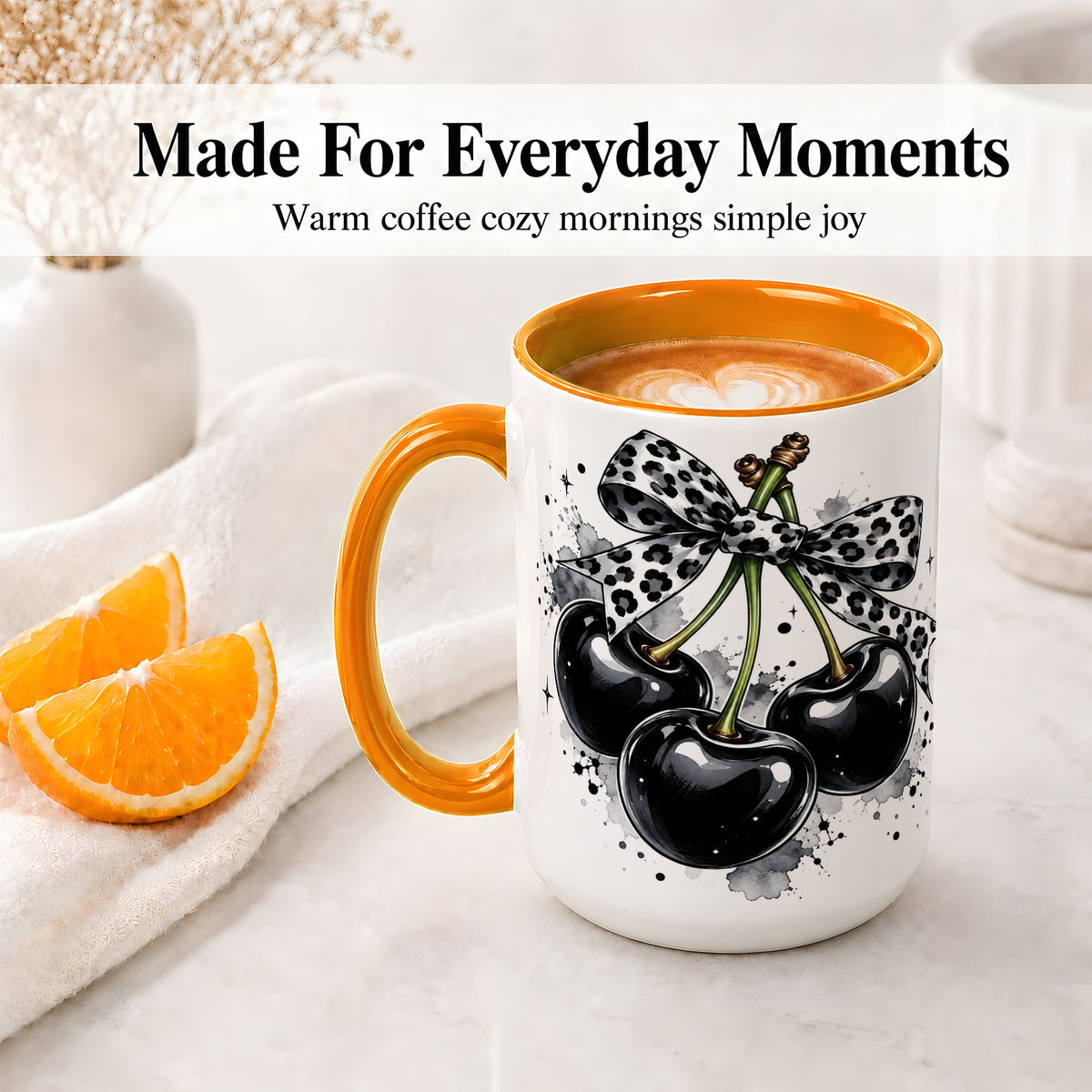 #pl[15oz|Orange] Black Cherry Bow Ceramic Mug, Leopard Ribbon Ink Splash Artwork