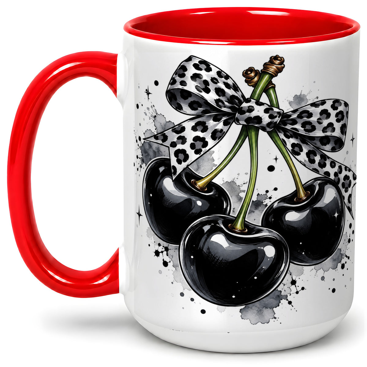 #pl[15oz|Red] Black Cherry Bow Ceramic Mug, Leopard Ribbon Ink Splash Artwork