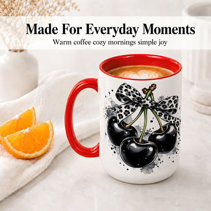 #pl[15oz|Red] Black Cherry Bow Ceramic Mug, Leopard Ribbon Ink Splash Artwork