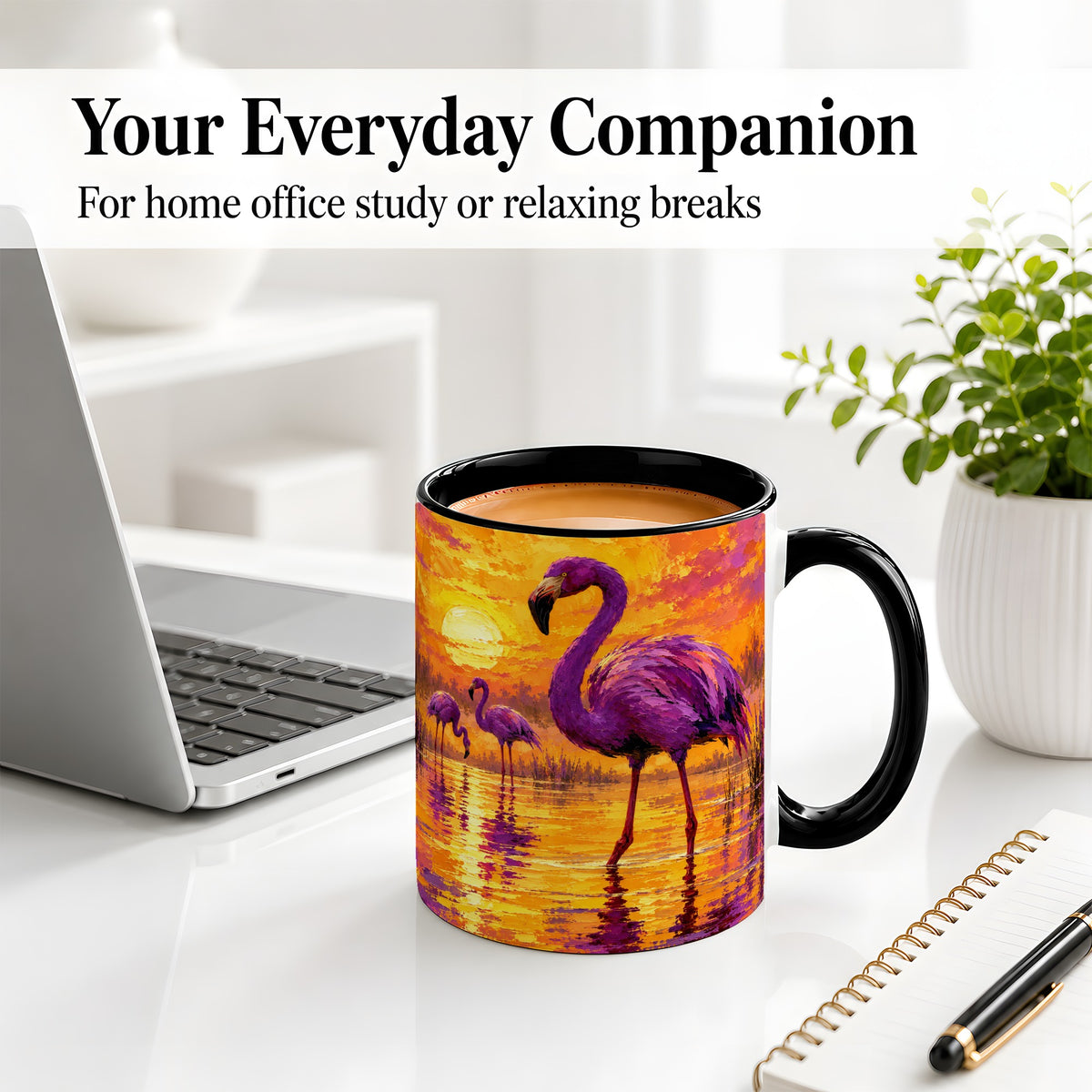 #pl[11oz|Black] Purple Flamingo Sunset Ceramic Mug, Vibrant Wetland Art Design
