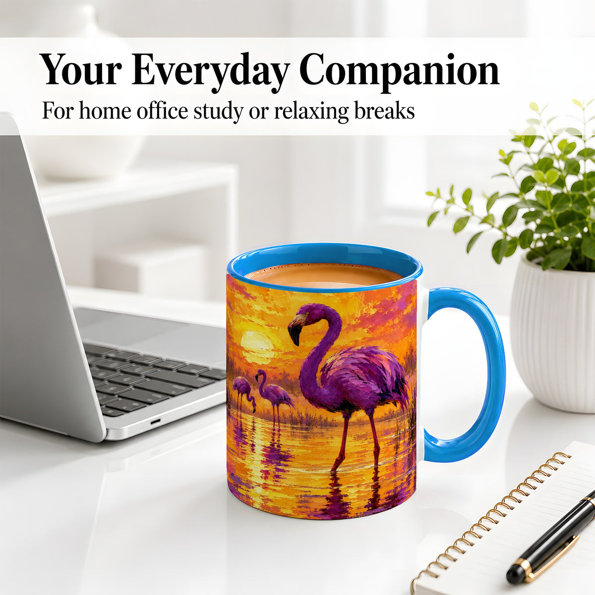 #pl[11oz|Blue] Purple Flamingo Sunset Ceramic Mug, Vibrant Wetland Art Design