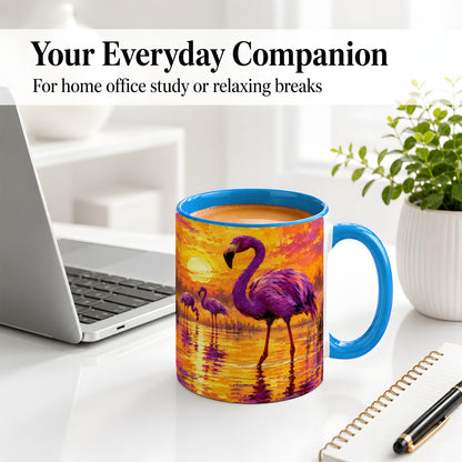 #pl[11oz|Blue] Purple Flamingo Sunset Ceramic Mug, Vibrant Wetland Art Design