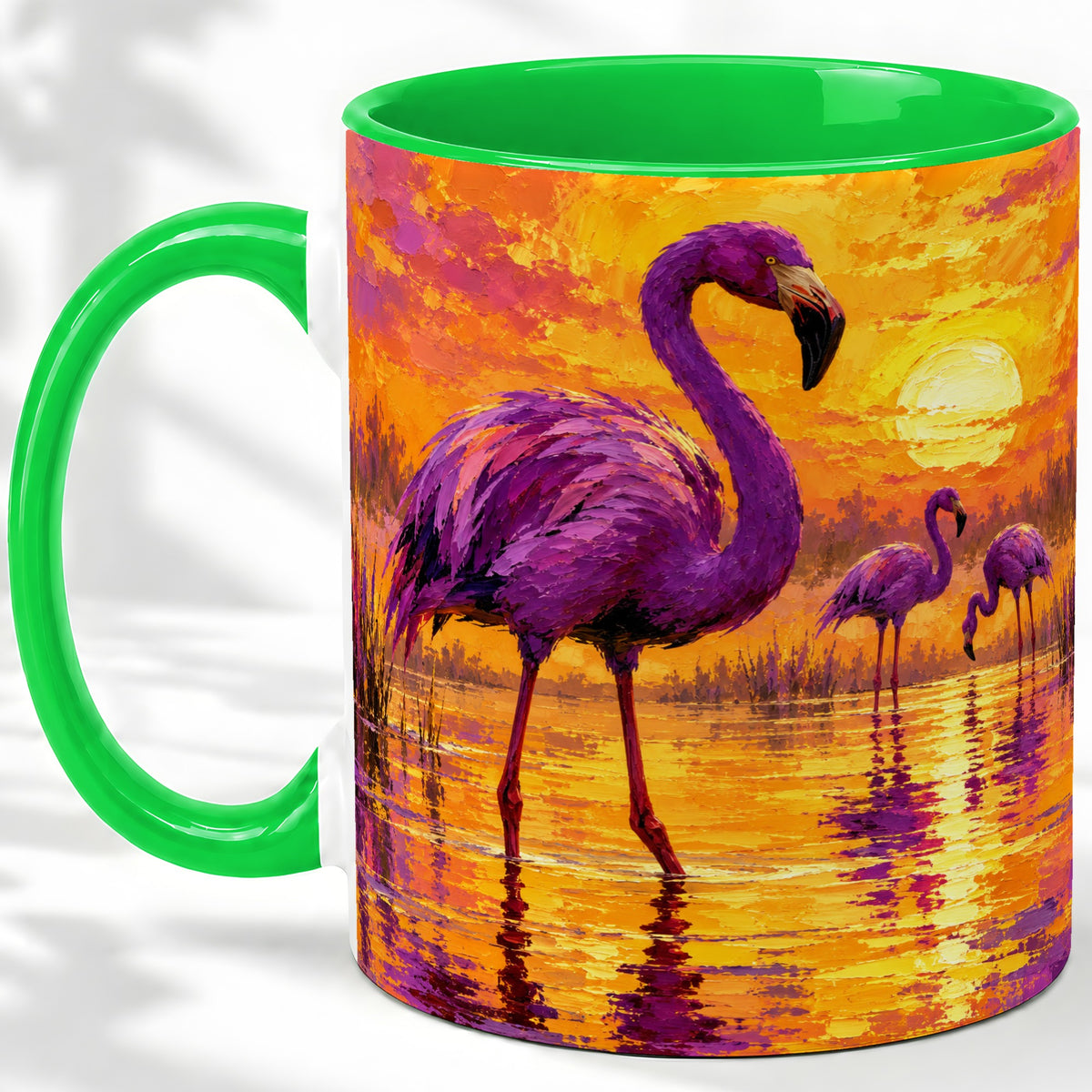 #pl[11oz|Green] Purple Flamingo Sunset Ceramic Mug, Vibrant Wetland Art Design