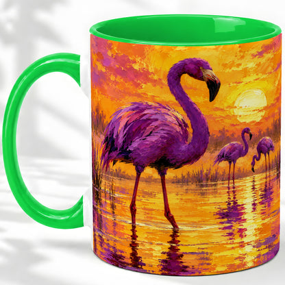 #pl[11oz|Green] Purple Flamingo Sunset Ceramic Mug, Vibrant Wetland Art Design