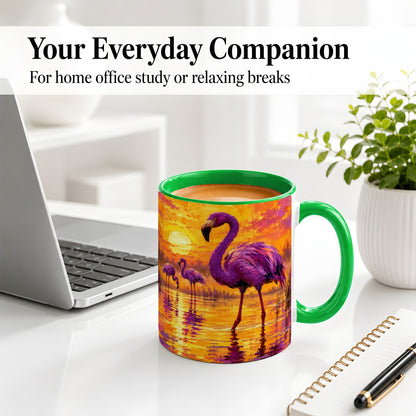 #pl[11oz|Green] Purple Flamingo Sunset Ceramic Mug, Vibrant Wetland Art Design