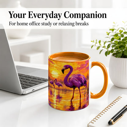 #pl[11oz|Orange] Purple Flamingo Sunset Ceramic Mug, Vibrant Wetland Art Design
