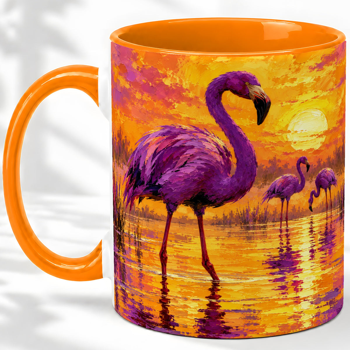 #pl[11oz|Orange] Purple Flamingo Sunset Ceramic Mug, Vibrant Wetland Art Design