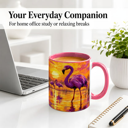 #pl[11oz|Pink] Purple Flamingo Sunset Ceramic Mug, Vibrant Wetland Art Design
