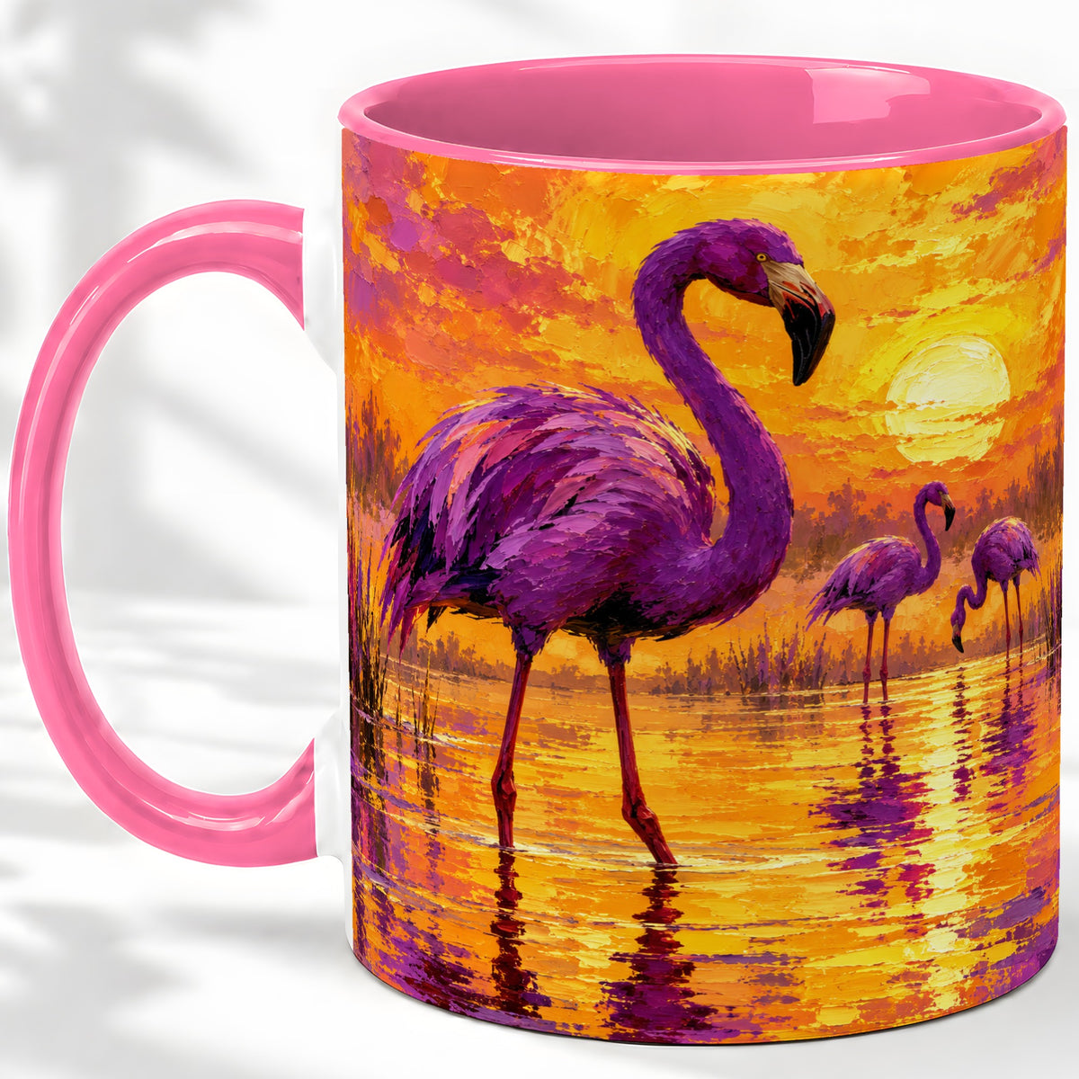 #pl[11oz|Pink] Purple Flamingo Sunset Ceramic Mug, Vibrant Wetland Art Design