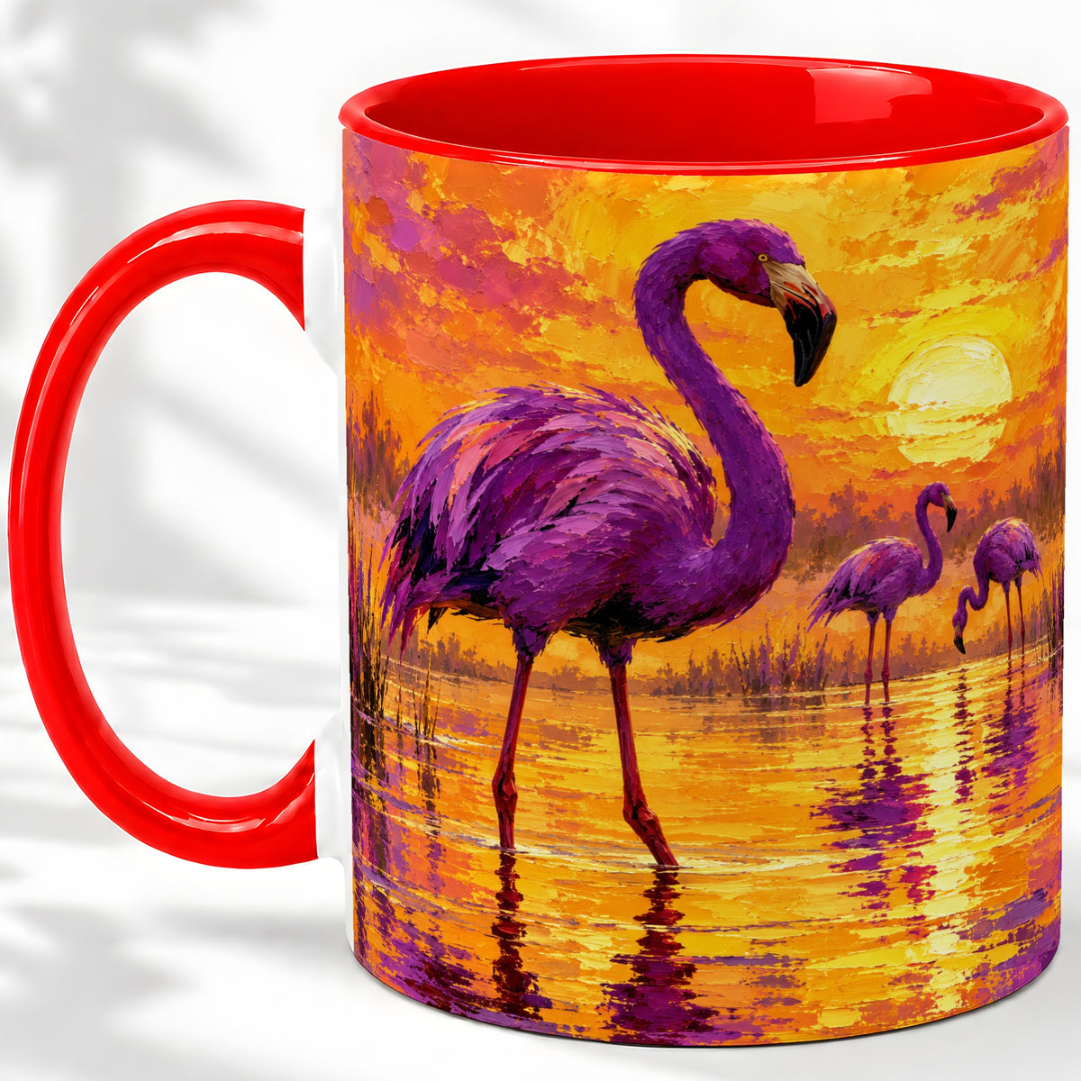 Purple Flamingo Sunset Ceramic Mug, Vibrant Wetland Art Design